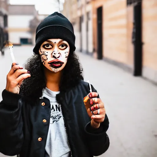 Prompt: photograph portrait of a mixed woman smoking a cigarette, face tattoos, black beanie, black bomber jacket, urban environment, depth of field, 8k, hd, award-winning, 82 mm sigma