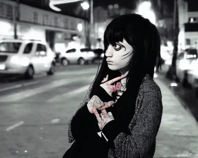 Prompt: an emo girl at a british shopping precinct at night, 2006, amateur, colour