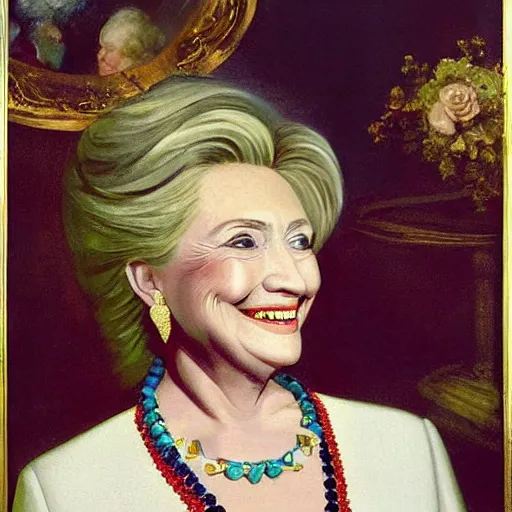 Prompt: very very beautiful surreal painting of hillary clinton wearing jewels and a white christian dior dress, painted by francisco goya