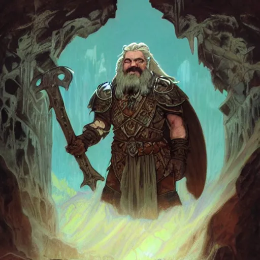 Prompt: Kalgor of the crystal caves. Dwarven explorer. Epic portrait by james gurney and Alfonso mucha (lotr, witcher 3, dnd, dragon age).