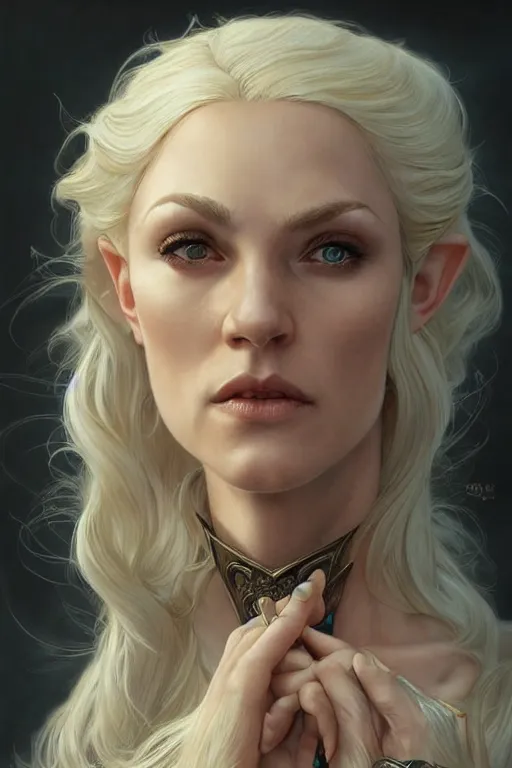 Image similar to portrait of an old blonde elven mage, dark, piercing eyes, gentle expression, elegant clothing, photorealistic, highly detailed, artstation, smooth, sharp focus, art by michael whelan, artgerm, greg rutkowski and alphonse mucha