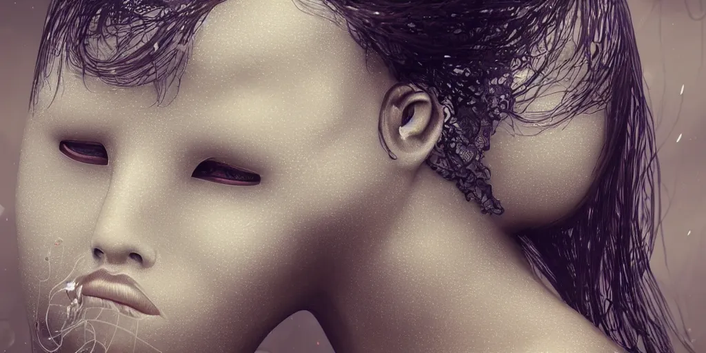 Image similar to hyperrealistic photography of a stunningly cyborg female, intimate,, kissing, delicate threads, in the style of beth cavener, jin kagetsu,, and wlop, highly detailed, intricate filigree, chrome face symmetry, masterpiece, award - winning, sharp focus, concept art, high key, ambient lighting, 8 k, octane render, artstation