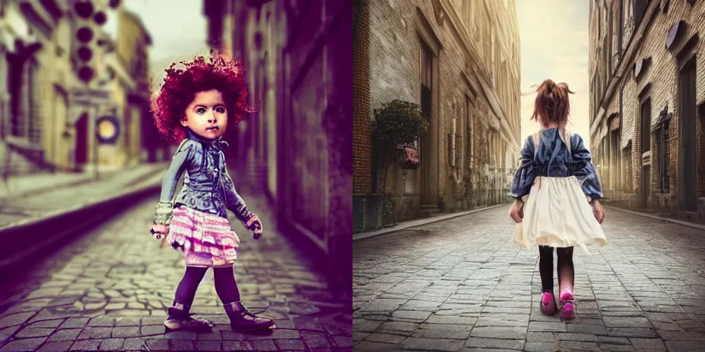 Prompt: A extremely beautiful photorealistic detailed clockpunk little girl walking in clockpunk street