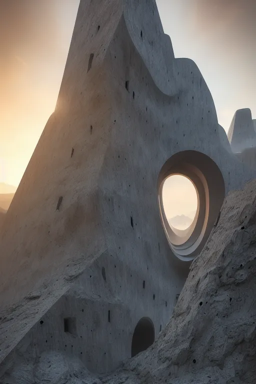 Prompt: sci - fi concrete brutalist architecture in the italian dolomites, zaha hadid, beksinski, photoreal, highly detailed, 8 k, hd, vray, artstation, trending on behance, cinematic matte painting, extreme detail photo quality, sunrays, sunset, featured on behance