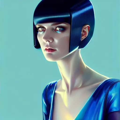 Prompt: woman with dark bobcut haircut with friendly blue eyes and slim features looking askance, cyberpunk bionics, retro - futurist style, intricate, elegant gleaming jewelry, angelic halo, highly detailed, digital painting, artstation, concept art, smooth, sharp focus, illustration, art by wlop, mars ravelo and greg rutkowski