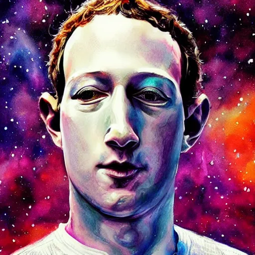 Prompt: alien zuckerberg in space. watercolor. dramatic. amazing painting. formal. beautiful. high resolution. highly realistic. close - up. trending on artstation