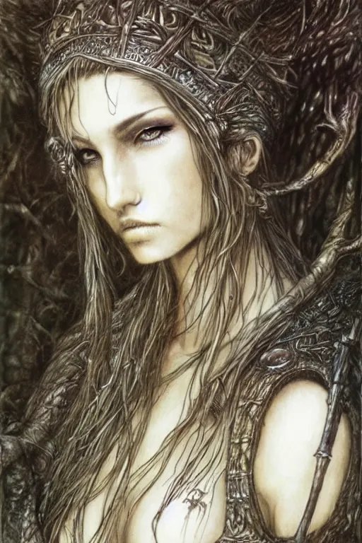 Prompt: head and shoulders portrait of a druid, female, high fantasy, dnd, by luis royo