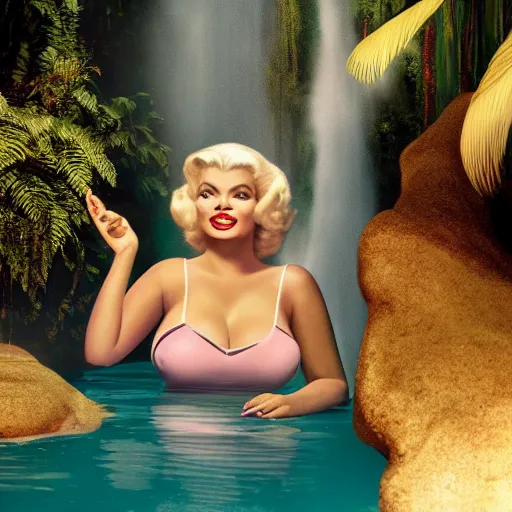 Image similar to a very beautiful sundance award winning image of jayne mansfield under a tropical waterfall, full body, pale pink bikini, pink lipstick, detailed face, cinematic lightning, golden hour, medium shot, alexa mini, cryengine, raytracing, 4 k, cinematic wallpaper by gil elvgren, robert maguire, rudolf belarski
