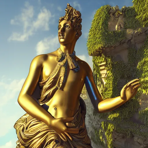 Prompt: baroque vaporwave statue, high detail, rendered in unreal engine, 3d render, god rays, volumetric lighting, award winning, vegetation, golden light