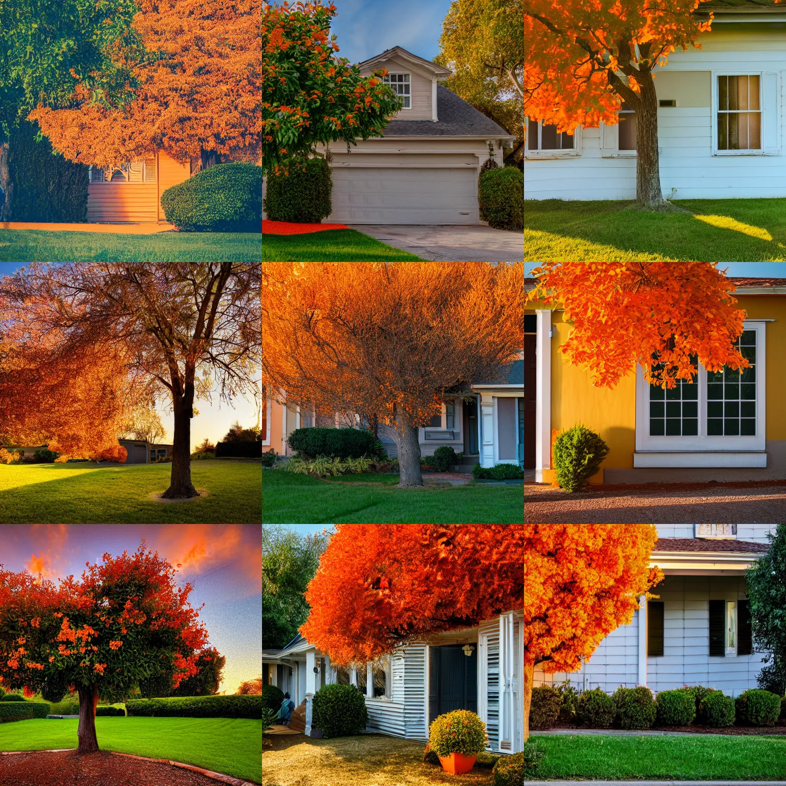 Prompt: an orange tree outside a suburban home in the style of photographers willem verbeeck and Kyle McDougall, complimentary colors, filmic, golden hour