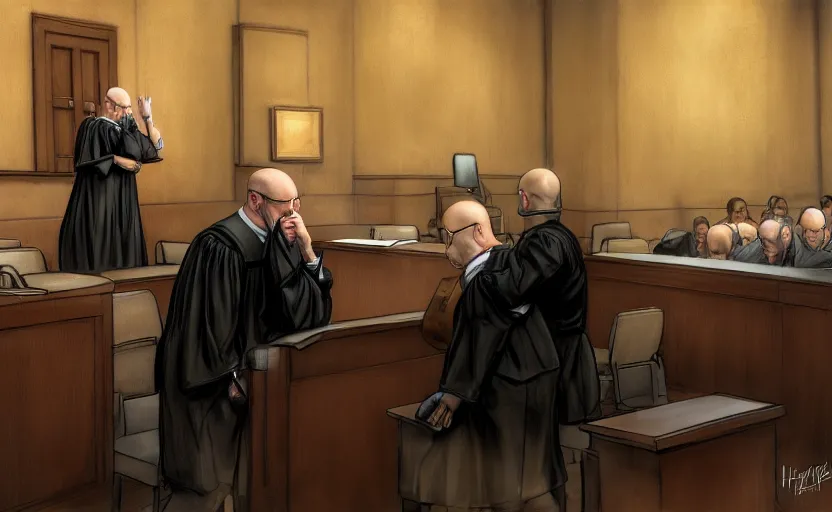 Prompt: courtroom, trial of a bald man in a skirt and black stockings, hyperrealism, no blur, 4 k resolution, ultra detailed, style of marc simonetti, tyler edlin, deviantart