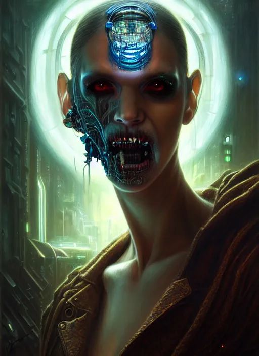 Prompt: portrait shot of a cyberpunk vampire in a scenic dystopian environment, lovecraftian, intricate, elegant, highly detailed, centered, digital painting, artstation, concept art, smooth, sharp focus, illustration, artgerm, tomasz alen kopera, peter mohrbacher, donato giancola, joseph christian leyendecker, wlop, boris vallejo