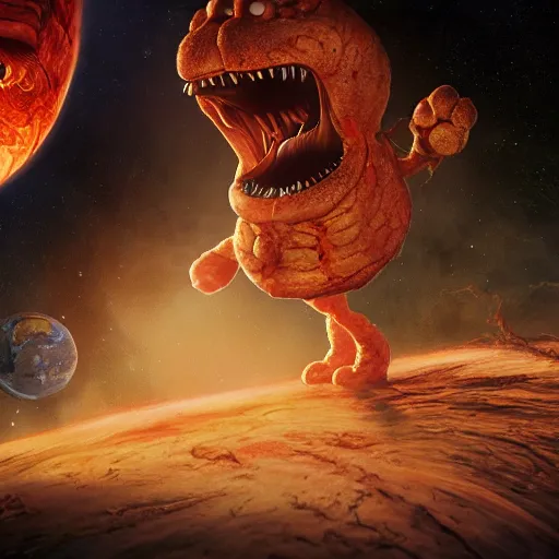 Image similar to eldritch horror bloody garfield in space, hd, 8 k, giant, epic, realistic photo, unreal engine, stars, prophecy, powerful, cinematic lighting, destroyed planet, debris, violent, sinister, ray tracing, dynamic, epic composition, dark, horrific, teeth, grotesque, monochrome drawing, hellscape