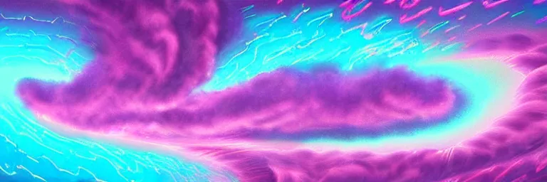 Prompt: graphic novel illustration of pink and purple clouds swirling into a wormhole, cyan lightning, digital illustration, deviantArt, artstation, artstation HQ, HD, 4k resolution