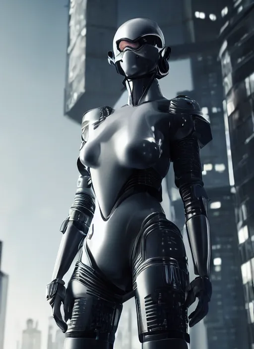 Prompt: female character / space worrior / proportional figure / delicate features / alluring / cyberpunk armor / navigator gear / silver and platin plated / dark blue background / poster style / ultra realistic / ultra detailed / volumetric light. unreal engine / 8 k.