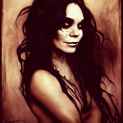 Image similar to beautiful portrait of vanessa hudgens as death from sandman, smiling, by cedric peyravernay, alphonse mucha, by jeremy mann, by lecouffe deharme, goth chic, soft lightning, eyeliner, punk rock, high detailed, 8 k