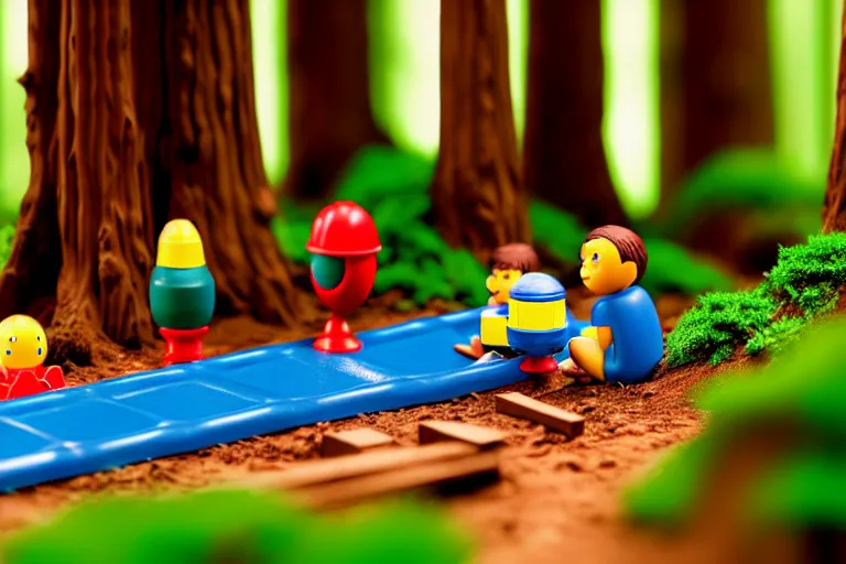 Image similar to fisher price redwood forest, california scene from tv show hyper detailed 5 5 mm 8 5 mm, toy photography, made out of plastic