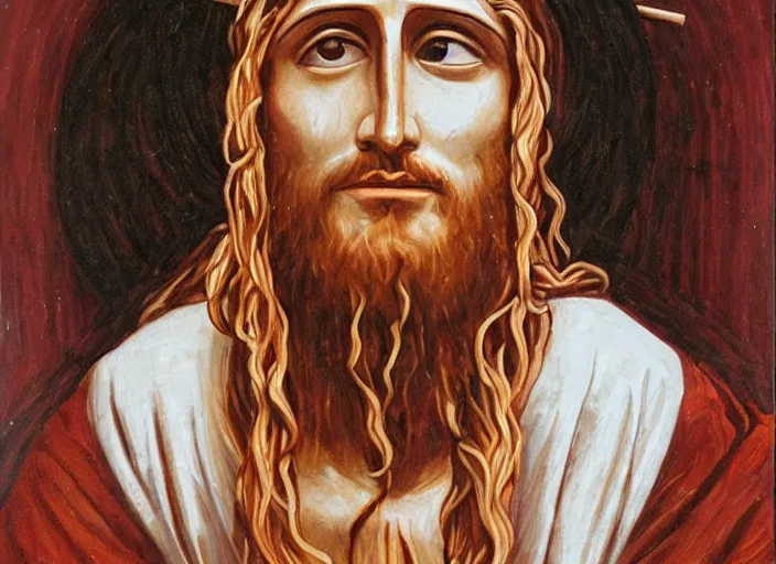 Image similar to spaghetti jesus, detailed facial expressions