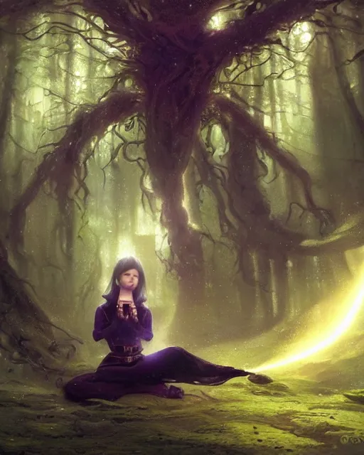 Prompt: female elf with black hair dress meditating in a nebula forest by greg rutkowski, high key lighting, volumetric light, digital art, highly detailed, fine detail, intricate, ornate, complex, octane render, unreal engine, photorealistic digital painting, artstation, concept art, sharp focus, art by greg rutkowski and alphonse mucha