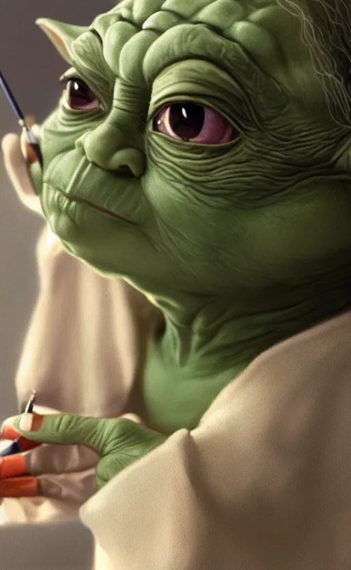 Image similar to beautiful detailed photorealistic painting of yoda putting on makeup. having a makeover. putting on lipstick. beauty. makeover. hq, hd. detailed. trending on artstation