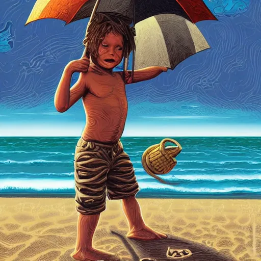 Prompt: a child with a skull face playing in the sand at the beach, stormy skies by Dan Mumford and Greg Hildebrandt