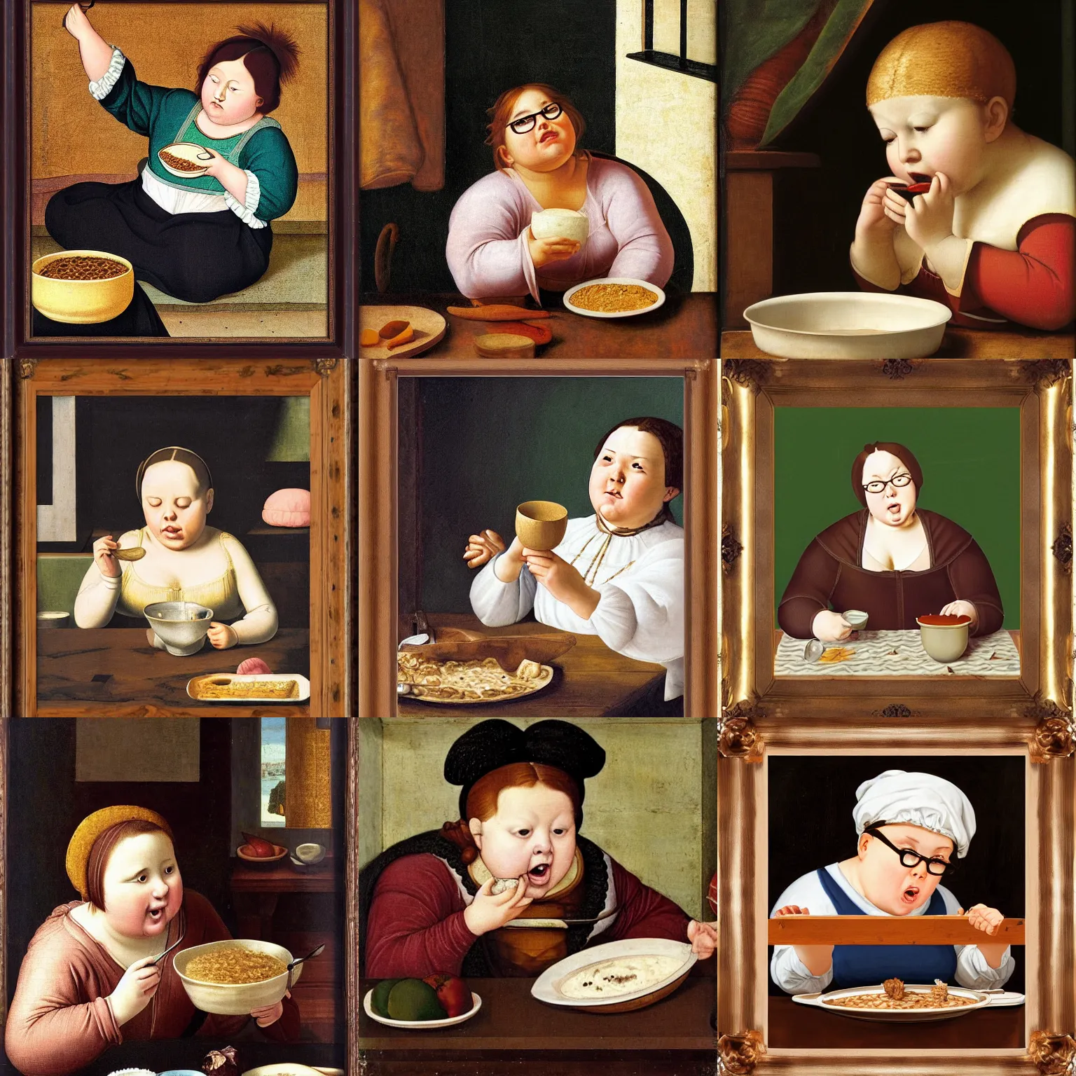 Prompt: a chubby girl with glasses eating porridge hard and painfully, renaissance, wood frame
