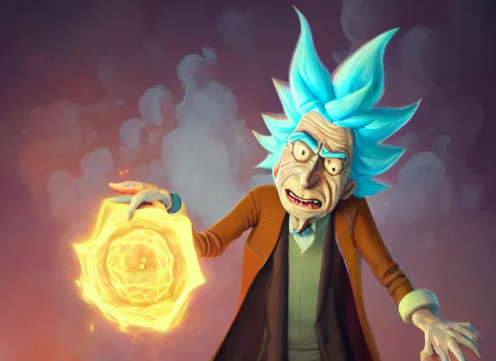 Image similar to rick sanchez from rick and morty as a wizened sorcerer, digital painting by dan volbert and mandy jurgens and deiv calviz and lim chuan shin