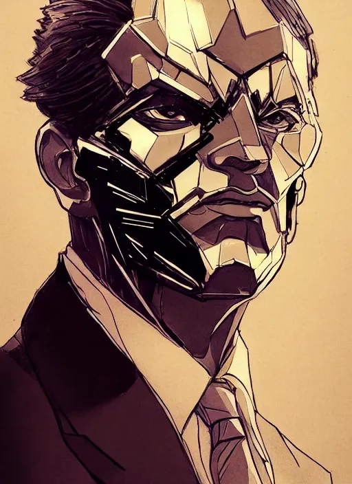 Image similar to Half body portrait of a god of cosmos and intellect, a man in a suit wearing a mirror mask. In style of Yoji Shinkawa and Hyung-tae Kim, trending on ArtStation, dark fantasy, great composition, concept art, highly detailed, dynamic pose.