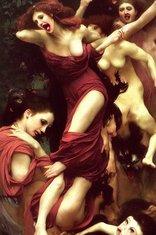 Image similar to a renaissance oil painting by alma tadema of demonic beautiful vampire woman running in fear from a group of gigantic cats, colourful pastel trending artstation, detailed portrait academic bouguereau caravaggio high shadow contrast medium shot
