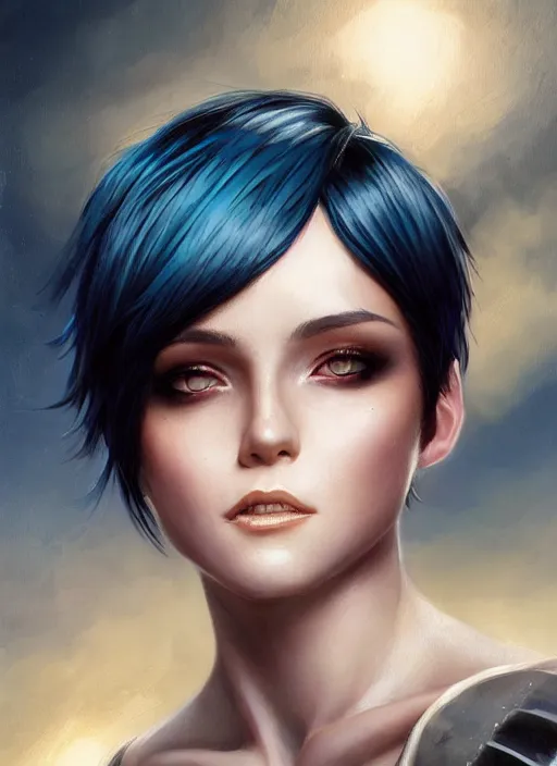 Prompt: girl with black and blue hair, pixie haircut, beautiful highly detailed face, complementary lighting, backlit, eyeshadow, grinning, adventure, alluring gaze, dramatic lighting, landscape background, beautiful painting by artgerm and greg rutkowski and raymond swanland