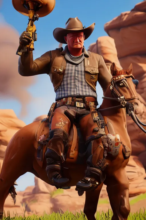 Image similar to john wayne, american cowboy, fortnite character, unreal engine. 4 k, highly detailed