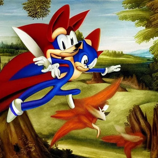 Image similar to renaissance painting sonic the hedgehog going fast through forest with excited birds flying behind, realistic, oil paint, green forest