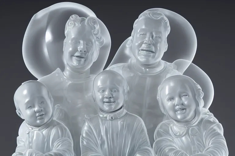 Prompt: translucent glass sculpture by Stanisław Szukalski of the Bibendum family portrait, Michelin Man! family portrait, luminescence, studio lighting, product photography, while marble, figurine, unreal engine, cryengine, ambient occlusion