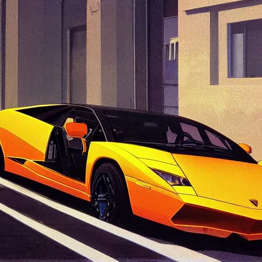 Image similar to lamborghini murcielago in the soviet city, by syd mead, retrofuturism