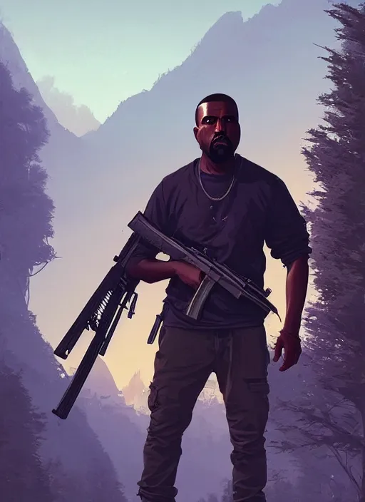 Image similar to highly detailed portrait kanye holding ak 4 7 in gta v stephen bliss unreal engine fantasy art by greg rutkowski loish rhads ferdinand knab makoto shinkai lois van baarle ilya kuvshinov rossdraws tom bagshaw global illumination radiant light detailed intricate environment