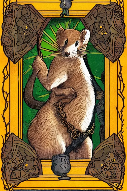 Image similar to tarot card illustration of the card the stoat, framed in an elaborate line border, tarot card, detailed illustration, weasels, furry art, artstation, 4 k