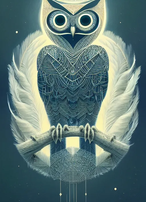 Image similar to portrait of a geometric owl, identical eyes, medium shot, illustration, full body made of white feathers, symmetrical, art stand, super detailed, cinematic lighting, and its detailed and intricate, gorgeous, by peter mohrbacher