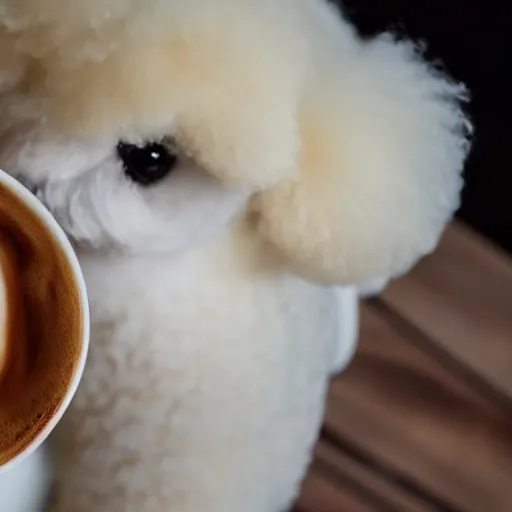 Image similar to a closeup photorealistic photograph of barista drawing bichon frise shaped latte art in a cup. professional capture, well lit shot. this 4 k hd image is trending on artstation, featured on behance, well - rendered, extra crisp, features intricate detail, epic composition and the style of unreal engine.