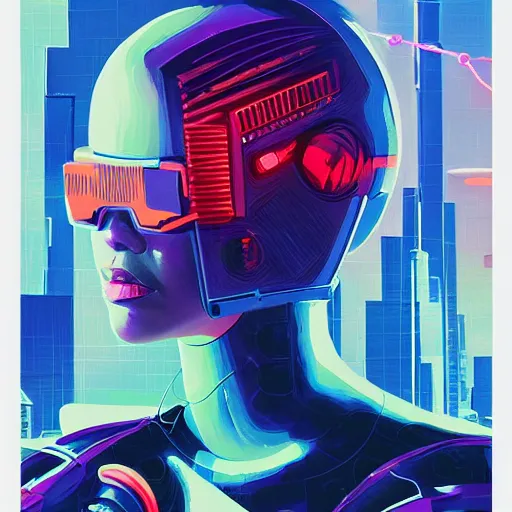 Image similar to a graph - style gouache impasto huge robot head in front of her, cyberpunk art by by james gilleard, cgsociety, retrofuturism, synthwave, retrowave, outrun