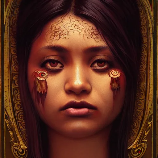 Prompt: painting of a dark nepali female drinking red wine, big eyes, fat, ultra realistic, concept art, intricate details, eerie, highly detailed, photorealistic, octane render, 8 k, unreal engine. art by artgerm and greg rutkowski and alphonse mucha