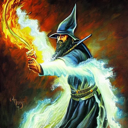 Image similar to Artistic painting of a wizard fighting the forces of evil