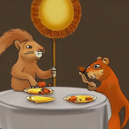 Image similar to a squirrel and a lion are having dinner in a fancy greek restaurant. sketch for a pixar film