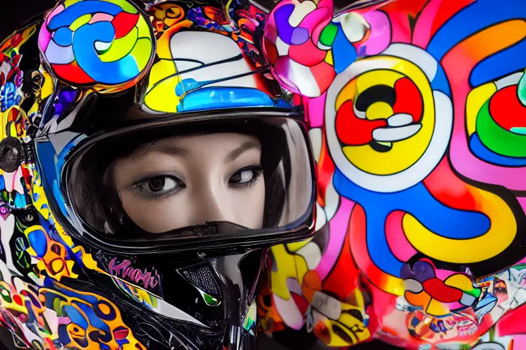 Image similar to photo of a glossy black marble statue of a girl with colorful motocross logos and motorcycle helmet with reflective mirrored visor, colorful smoke in the background, carved marble statue, fine art, in the style of takashi murakami,