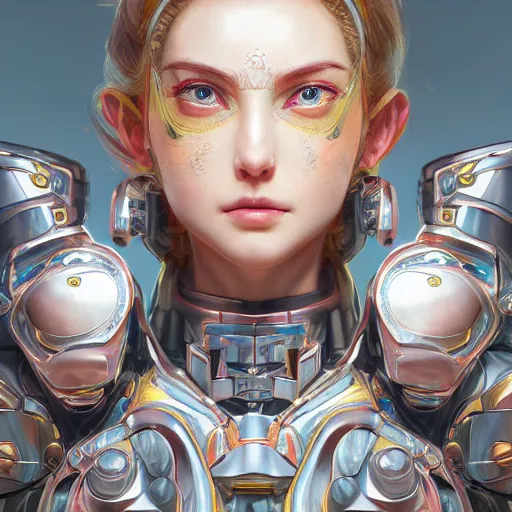 Image similar to studio portrait of lawful good colorful female holy mecha paladin absurdly beautiful, elegant, young sensual graceful woman, ultrafine hyperrealistic detailed face illustration by kim jung gi, irakli nadar, intricate linework, sharp focus, bright colors, matte, octopath traveler, final fantasy, unreal engine highly rendered, global illumination, radiant light, intricate environment