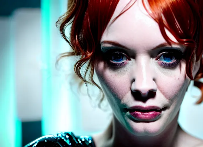 Image similar to portrait shot of christina hendricks in cyberpunk clothed, shiny skin, wet, oily, intricate, elegant, highly detailed, centered, zeiss lens, canon eos, cinematic lighting, photography, film still