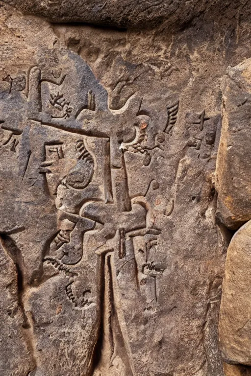 Image similar to 4 k photography of petroglyphs representing crosses, sauwastica, wifi symbol on a cave