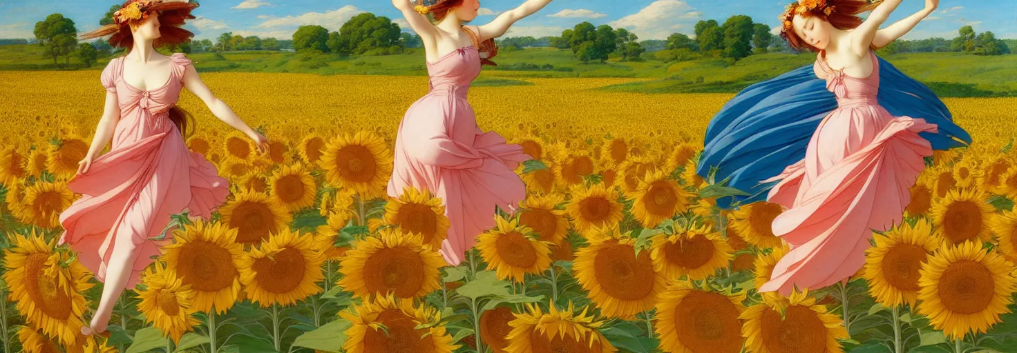 Image similar to beautiful young girl dancing in a fiery dress in a beautiful field of sunflowers and lilies, like leonardo da vinci sketches! in the style of studio ghibli, j. c. leyendecker, greg rutkowski, artgerm