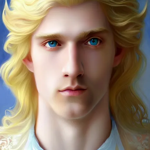 Image similar to Portrait of magical blond prince, very very very very pale white skin, long silky blond hair, dreamy and ethereal, pastel blue eyes, peaceful expression, ornate frilly regal shirt, fantasy, intricate, elegant, dynamic lighting, highly detailed, digital painting, artstation, concept art, smooth, sharp focus, illustration, art by artgerm and greg rutkowski and alphonse mucha