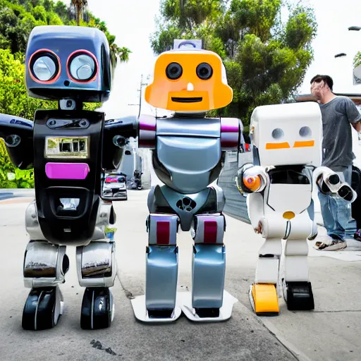 Prompt: LOS ANGELES CA, JUNE 18 2029: A group adorable robots want a hug