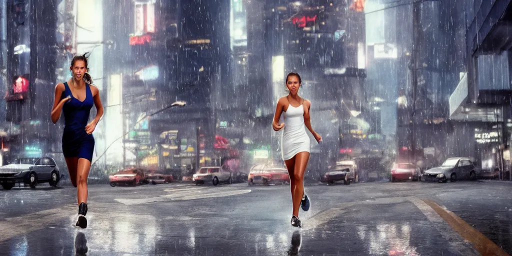 Image similar to ! dream ultra realistic photo of jessica alba in the 1 9 8 9 city of tacoma, wearing a wet white short dress, looking into the camera with a smirk while running in a cyberpunk city, photo by annie leibovitz, 4 k, ultra realistic, highly detailed, epic lighting